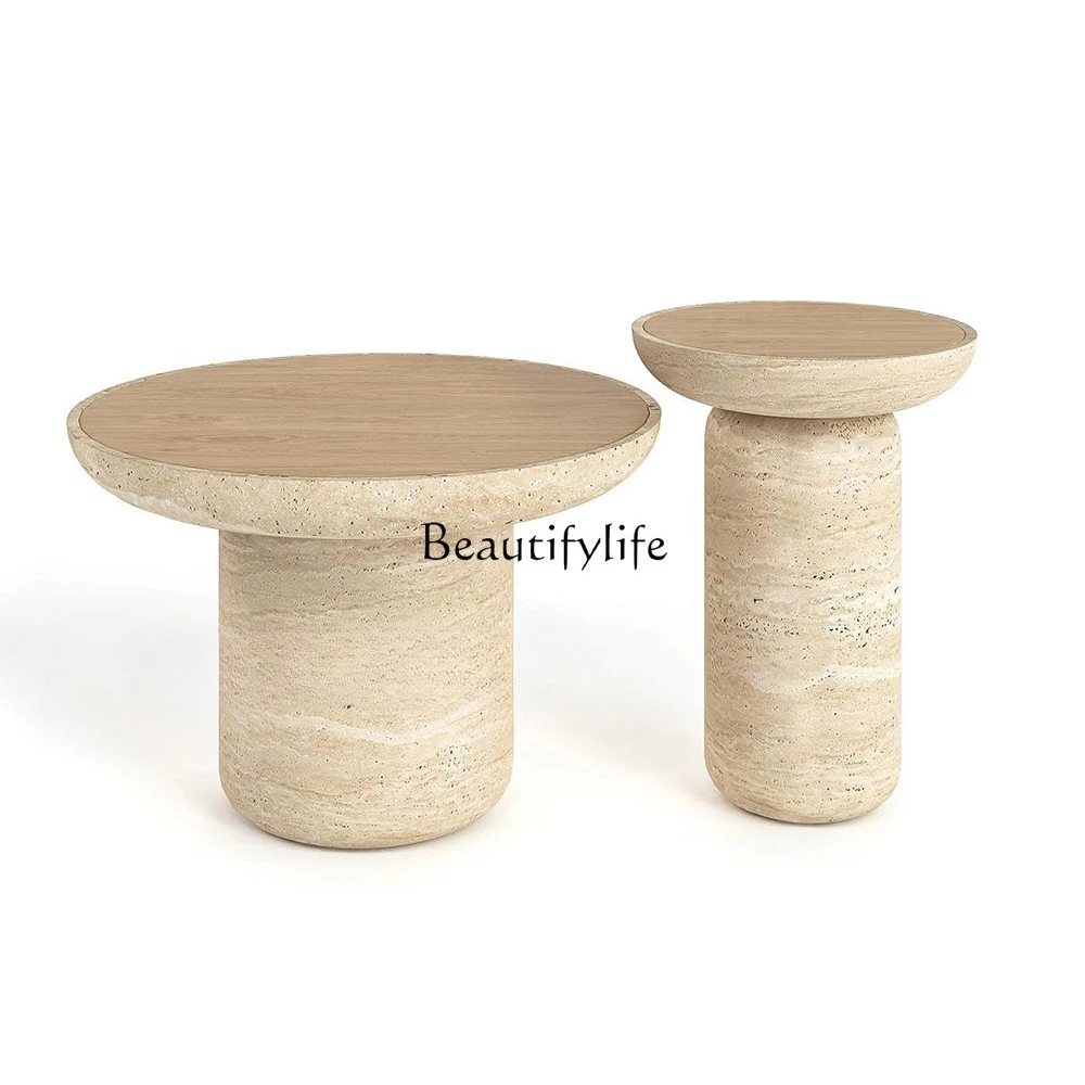 

jj Nordic natural travertine round coffee table light luxury villa model room