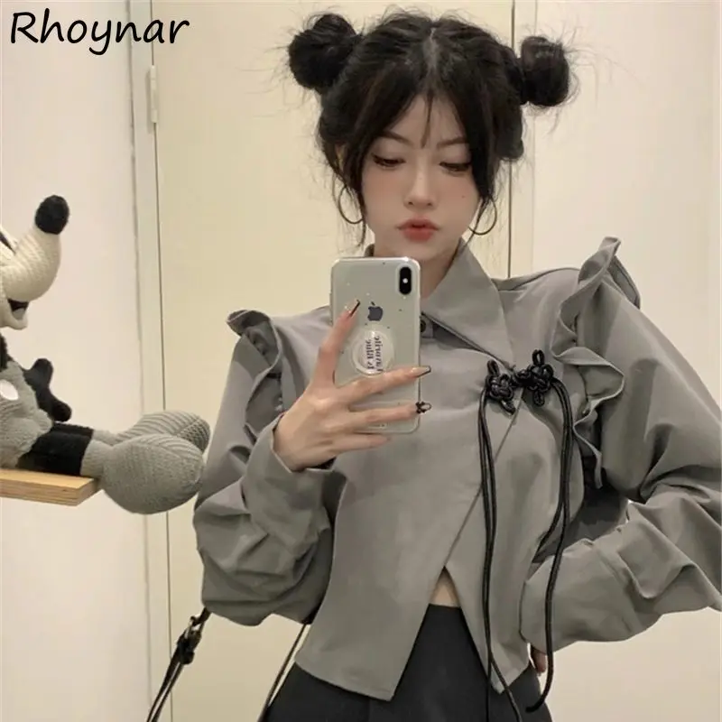 Flying Sleeves Shirts Women Chinese Knot Irregular Sweet Girls Solid Short Loose Design Office Chinese Style All-match Gentle