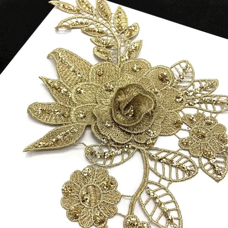 1paris Luxury Gold Beads Sequins Embroidery Flower 3D Lace Cloth Applique TrimS Wedding Dress Sewing DIY Patch 26x16cm