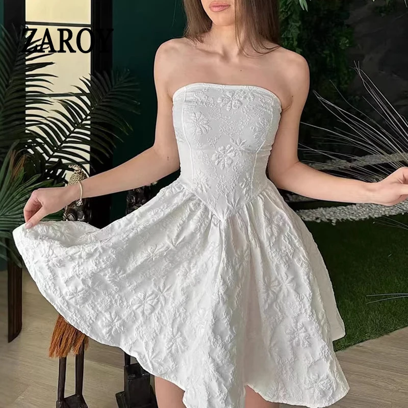 

ZAROY White Jacquard Sexy Strapless White A-line Evening Dress Women Backless Birthday Prom Party Elegant Short Dress Vestido
