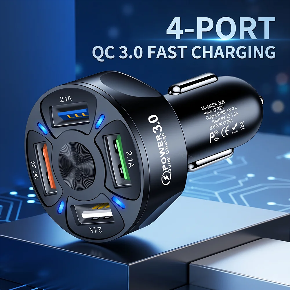 Multi USB Car Charger 4 Ports Fast Charge Auto Adapter With Fire Retardant PC Shell And Stable Three-Point Buckle Design