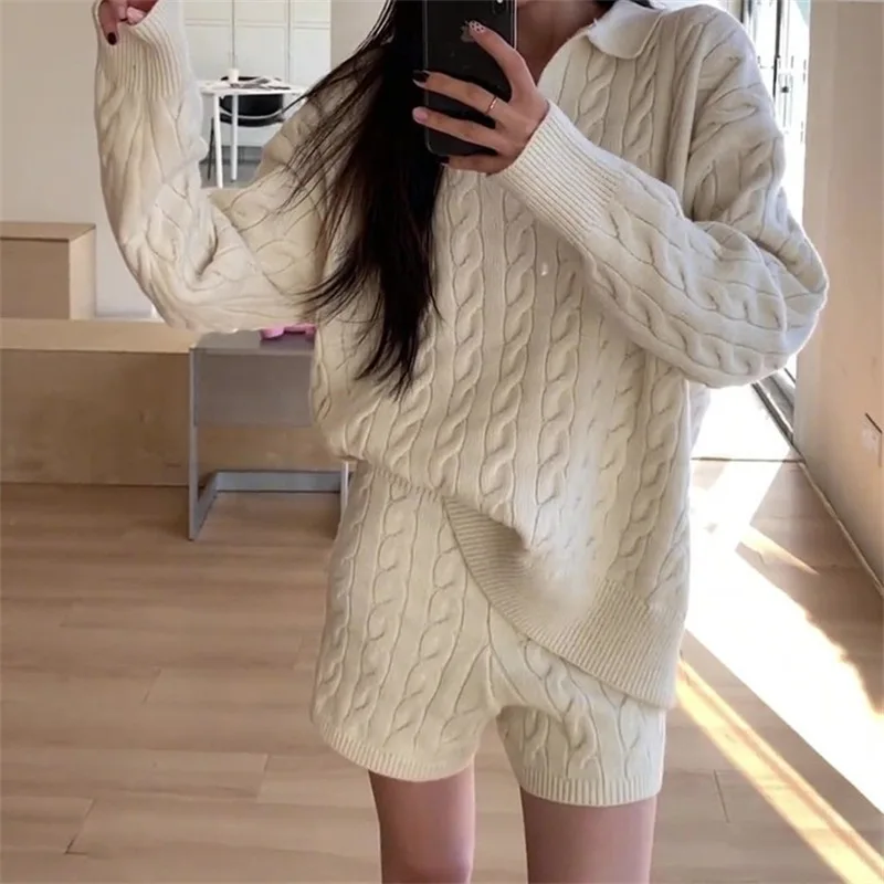

Women Shorts Pant Set Two Piece Sets Polo Neck Knit Sweaters Tops Short Pants Elastic Waist Y2k Streetwear Work Autumn 2025