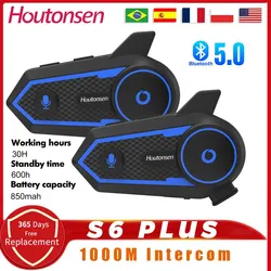 Houtonsen S6 PLUS Motorcycle Helmet Bluetooth V5.2 Headset Intercom 850mAh 2 Riders 1000M Waterproof MP3 Player Interphone