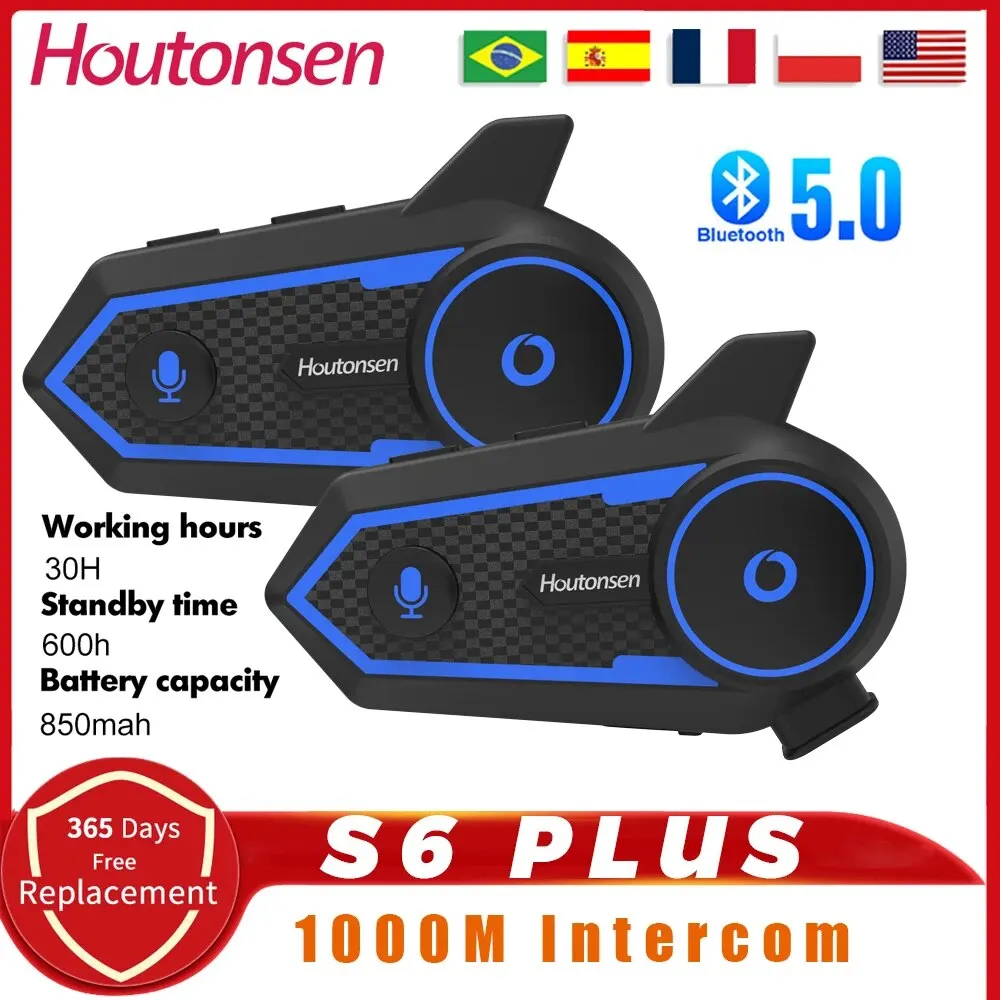 Houtonsen S6 PLUS Motorcycle Helmet Bluetooth V5.2 Headset Intercom 850mAh 2 Riders 1000M Waterproof MP3 Player Interphone