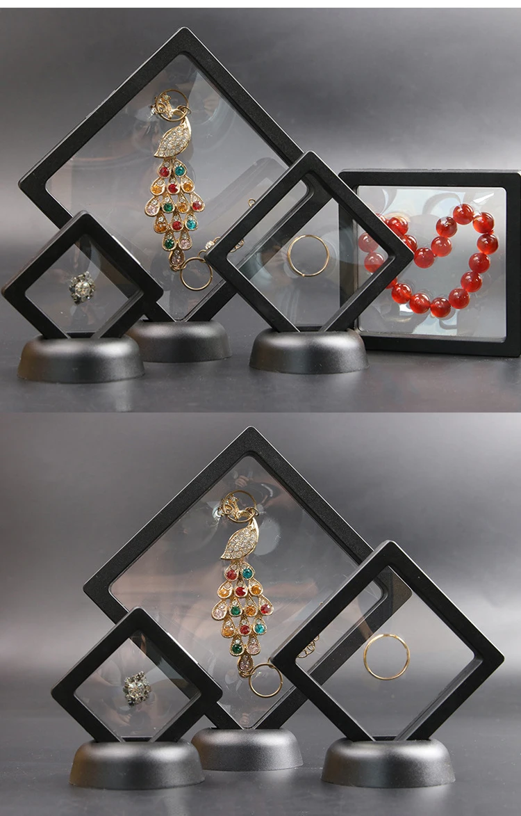 3D Floating Picture Frame Jewelry Display Shadow Box Stand Rack Coin Ring Pendant Holder Protection Gems Stone Presentation Case