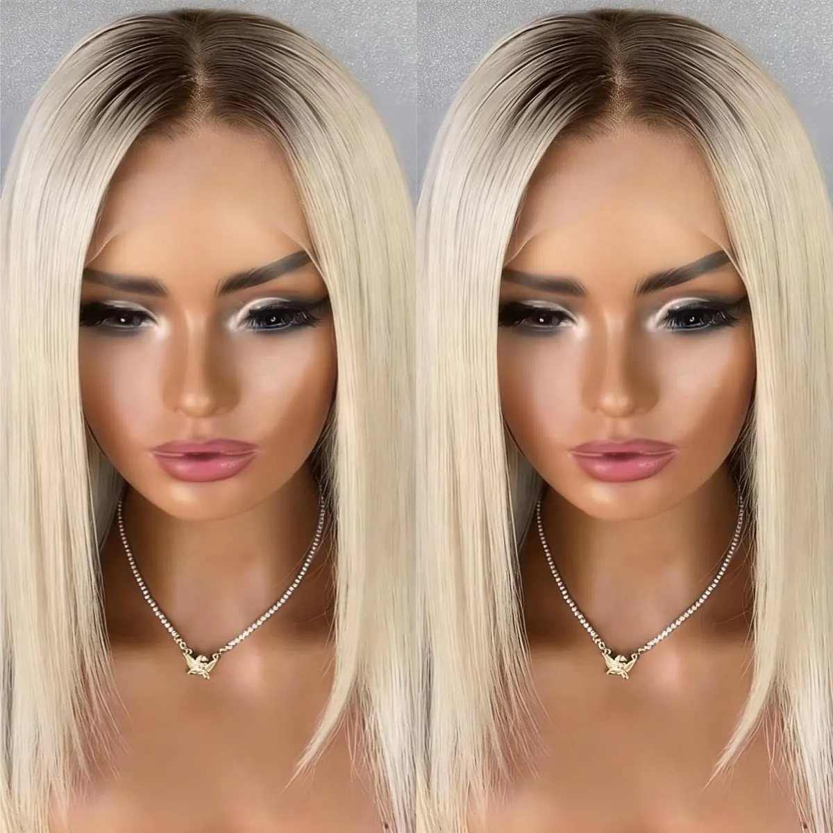 

Ash with Brown Roots Upgrade 13x4 Lace Frontal Striaght Bob Human Hair Wigs Ombre Blonde Short Bob Transparent Wig 200 Density