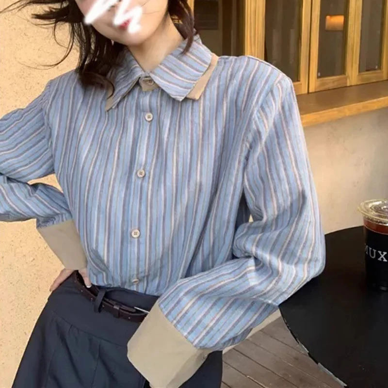 

Korean Blue Striped Shirt Women Long Sleeve Harajuku Y2K Spring Blouse Patchwork Chic Single Breast High End Classic Simple Top