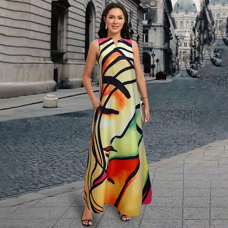 2024 New Art Face Printed Long Dress Summer Women's Elegant Sleeveless V Neck Sexy Dress Fashion Outdoor Streetwear Gowns