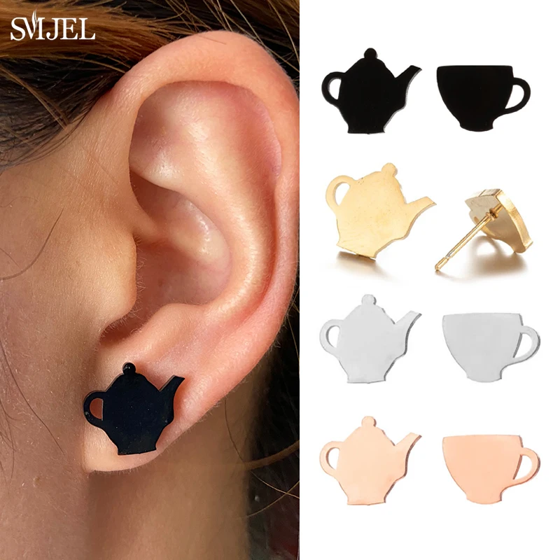 SMJEL Golden Korean Minimalist Stainless Steel Stud Earrings for Women Fashion 2024 Jewelry Cherry Mushroom Key Lock Studs Gift