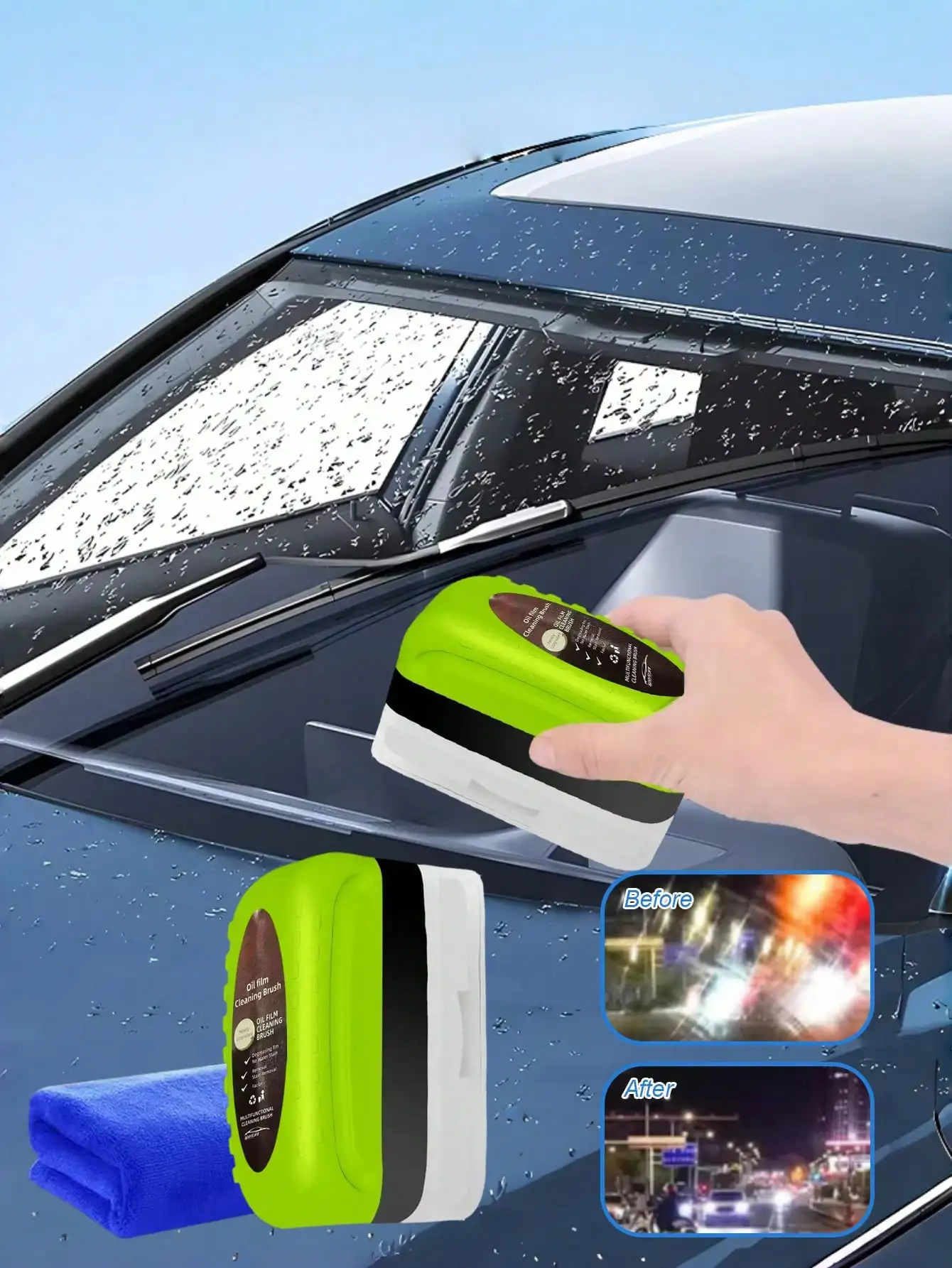 2Pcs/Set Car Windshield Anti-Fog Kit - ABS Resin Scraper + Applicator Sponge + Microfiber Cloth, Easy to Use