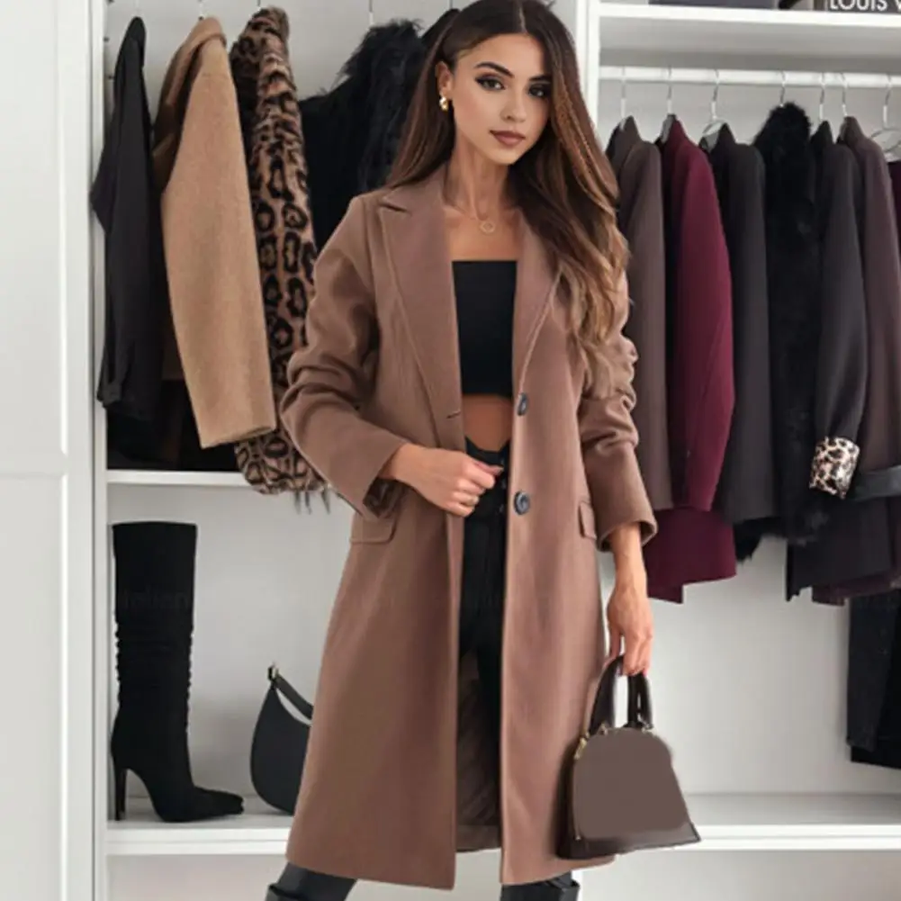 Women Woolen Jacket Turn-down Collar Single-breasted Coat Mid Length Thermal Commuting Dating Spring Fall Winter Overcoat