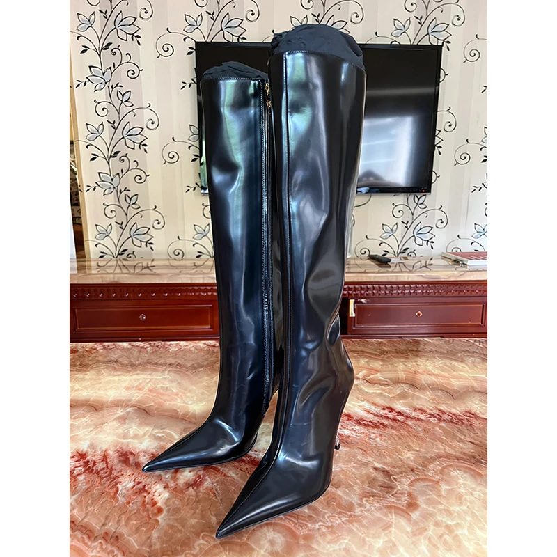 Blade Heels Black Leather Long Boots Pointed Toe Side Zip Sewing Cool Girl Hot Chick Fashion Street Casual Shoes for All Seasons