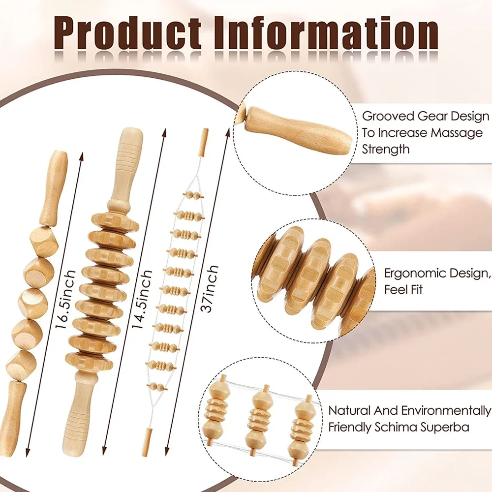 Masajeador anticelulítico de madera, rodillo de drenaje linfático de mano, herramientas de masaje para alivio del dolor muscular de cuerpo completo