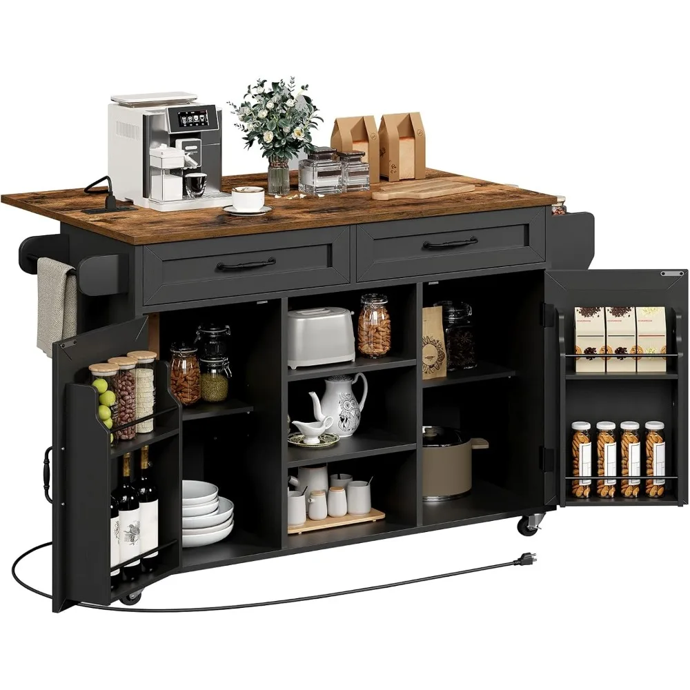 

Kitchen Island with Power Outlets & Drop Leaf, Kitchen Cart with Storage, Drawer and Spice Rack, Tower Rack, Island Table, Black
