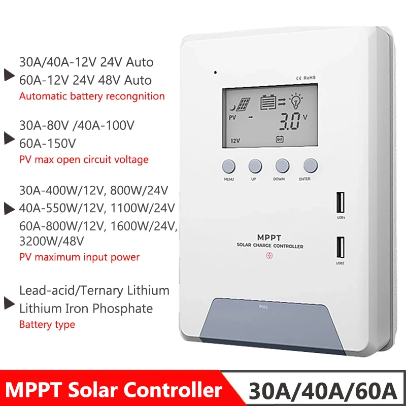 

MPPT Solar Charge Controller 30A 40A 60A Solar PV Battery Charger 12V/24V Auto Controller for Lead Acid Lithium LiFePO4 Battery