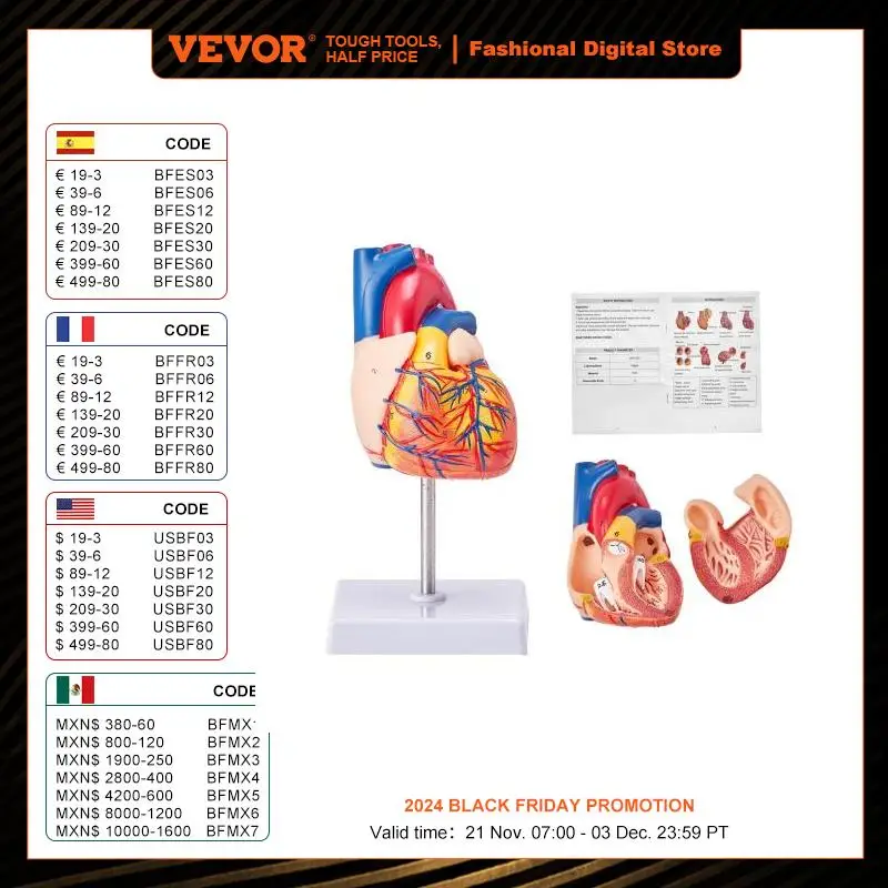 VEVOR Human Heart Model 2-Part 1:1 Life Size Numbered Model with Correct Structures Magnetic Design on Display Base for Learning