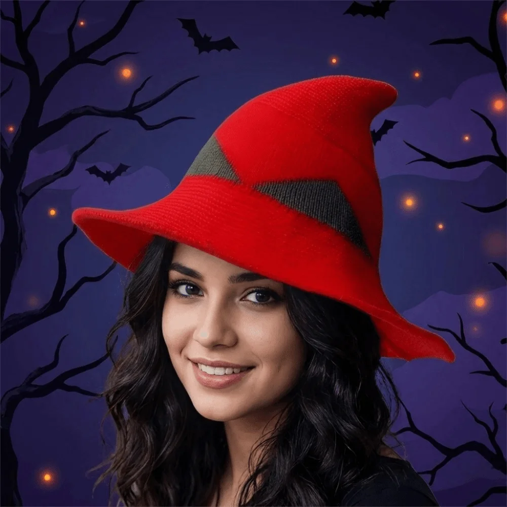 Funny Wide Edges Witch Hat Spire Color Blocked Knitted Wizard Cap Soft Breathable Halloween Hat Stage Play
