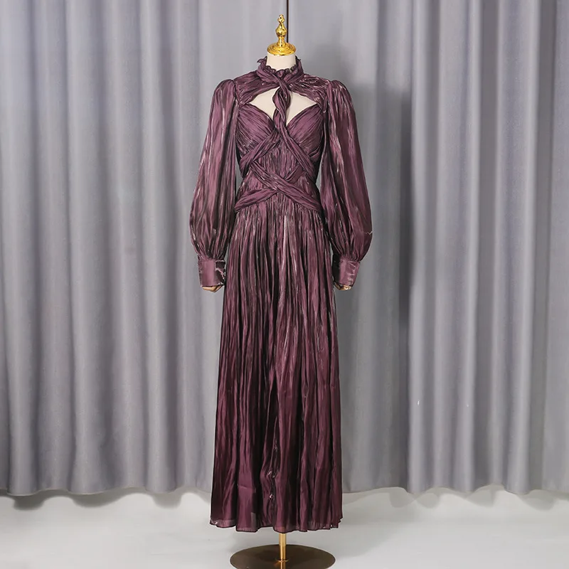 فستان سهرة مثير للنساء للشتاء والربيع بأكمام طويلة أنيق بفتحة عالية فستان ماكسي فاخر مطوي للحفلات فساتين 2026