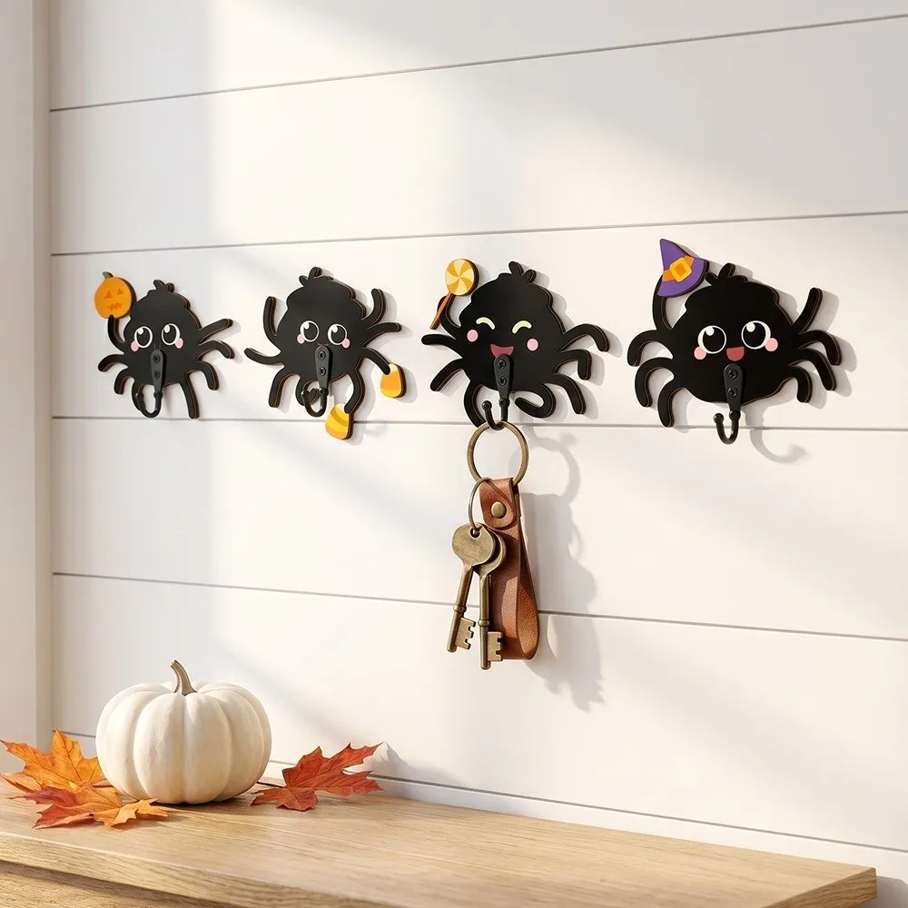 Wooden Halloween Cartoon Spider Hook No-Drill Gothic Style Spider Wall Hooks Wall Mounted Cute Door Hooks Entryway Organizer