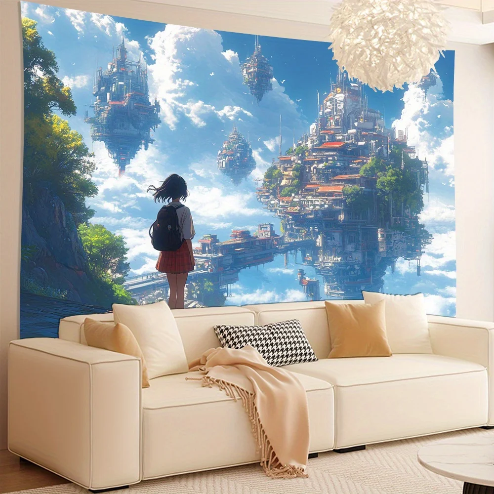 Sky Castle Tapestry, Floating Islands and Fantasy City in Clouds, Anime Style Wall Hanging for Bedroom Living Room