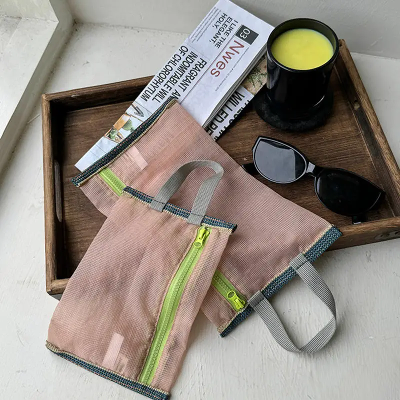 

Translucent Mesh Nylon Storage Bag Portable Zipper Handbag Functional Cosmetic Pouch Pencil Case Documents Paper Organizer