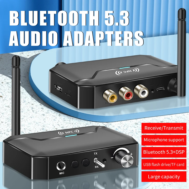 Многофункциональный NFC Bluetooth 5.3 аудио передатчик приемник HiFi стерео беспроводной адаптер 3,5 мм AUX/RCA/USB/TF/коаксиальный/6,5 мм микрофон караоке U-диск