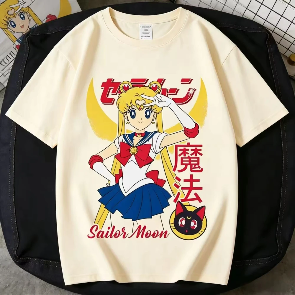 2026 Sailor Moon Usagi Tsukino Luna Japanese Kanji Magic Print T-Shirt,Cotton Loose Tee for Women Girls Y2K Anime Streetwear