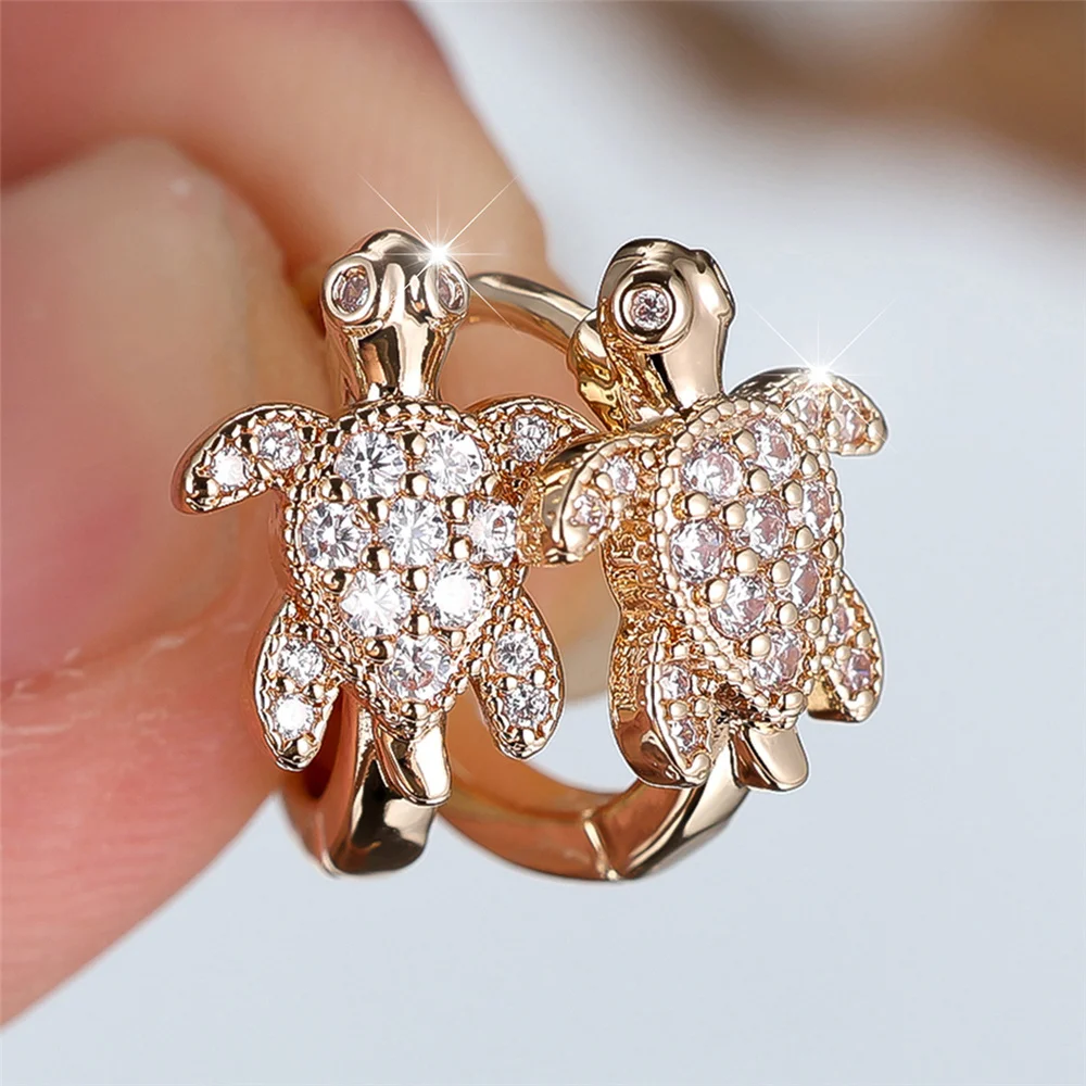 Cute Female White Zircon Stone Small Turtle Hoop Earrings Fashion Gold Color Wedding Jewelry For Women