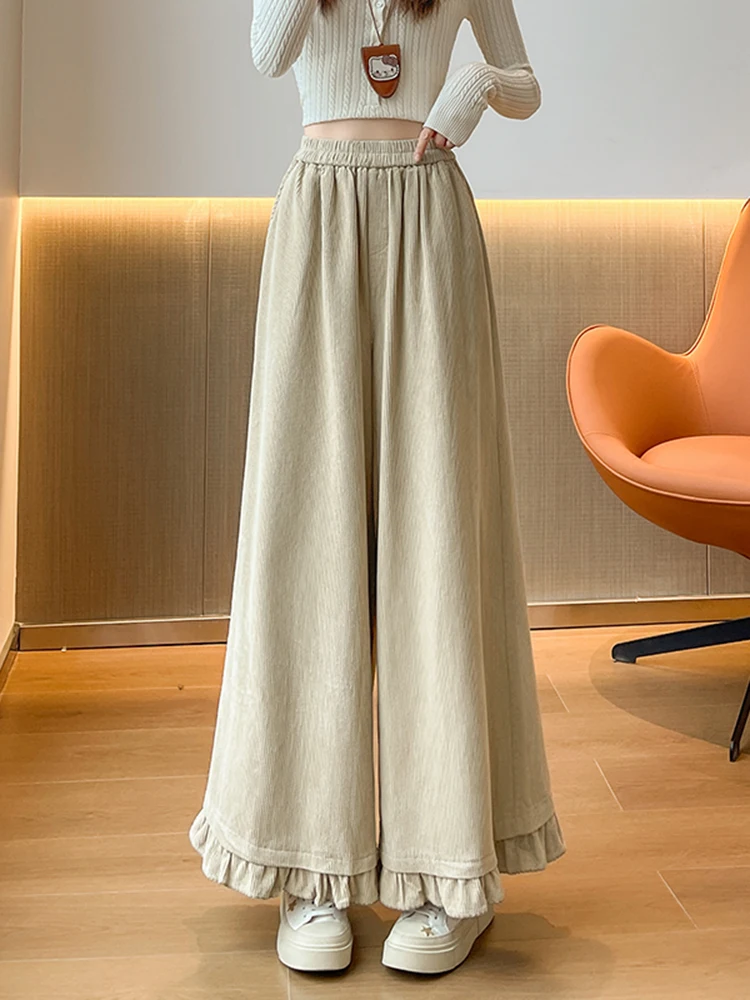 ハイウエスト木製ワイドレッグパンツ女性のカジュアルドレープルーズスリム秋冬新作非対称シウォーク