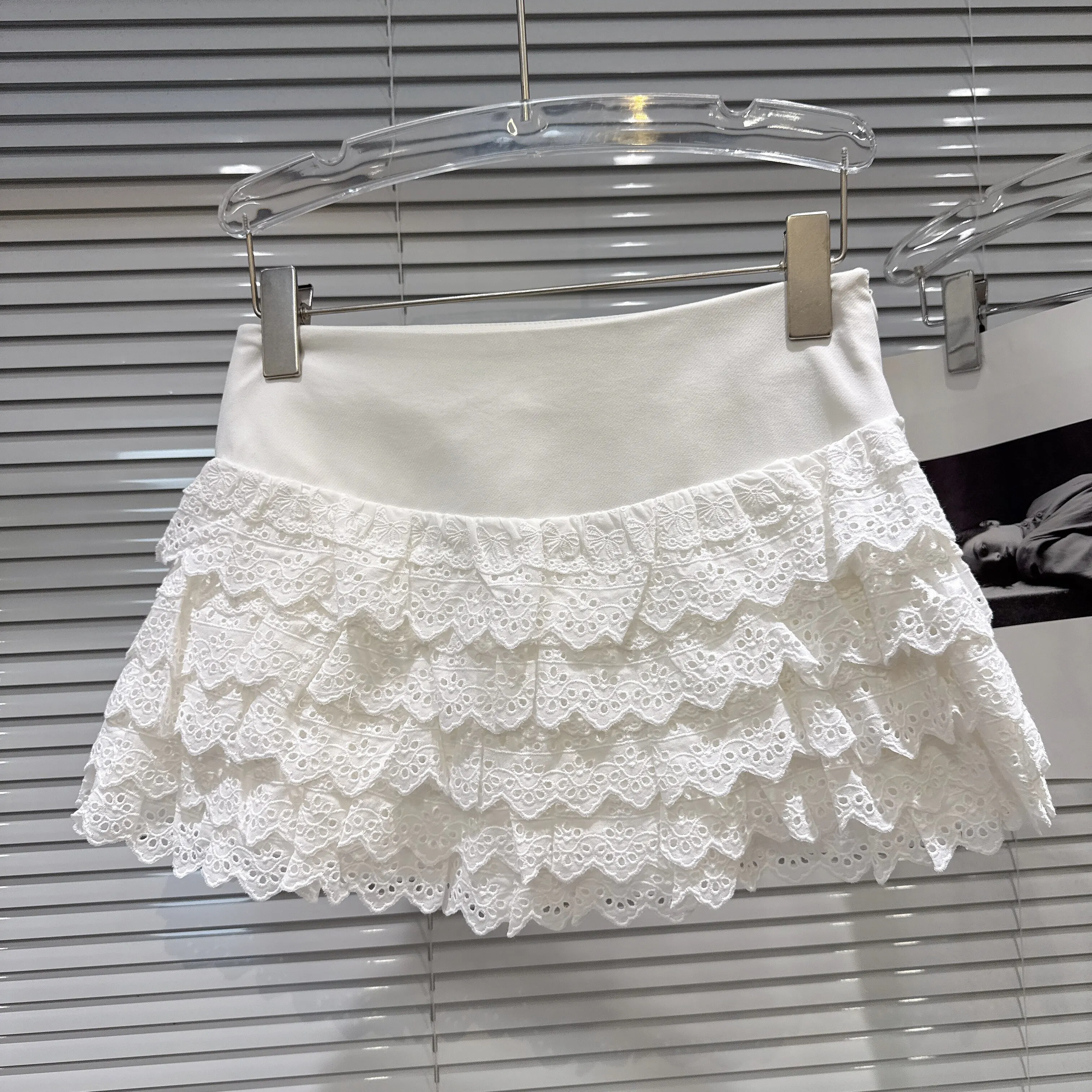 Women's Sweet Ballet Style Layered Ruffled Lace A Line Short Skirt Lady Summer Solid Color High Waist Cake Mini Skirt