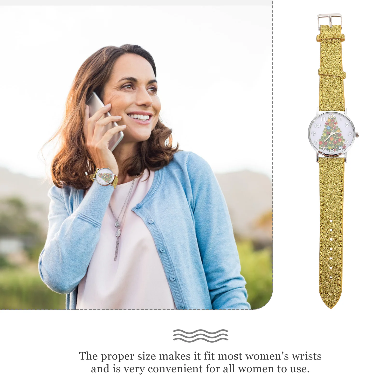 

1 pc Women Watch Christmas Tree Pattern Stainless Steel Ladies Wristwatch Xmas Festival Decorative Watch For Students