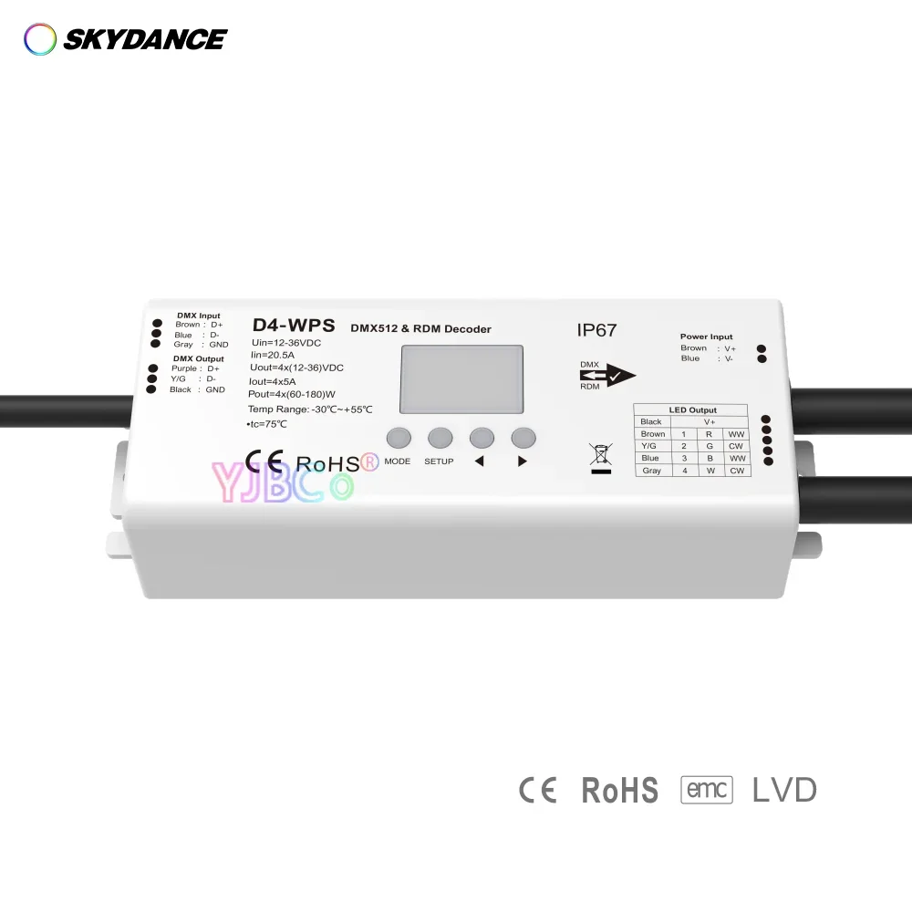 

Skydance RDM Waterproof 4 Channel Constant Voltage DMX 512 Decoder 12V-36V 24V 4CH*5A/CH DMX dimmer RGBW LED strip controller