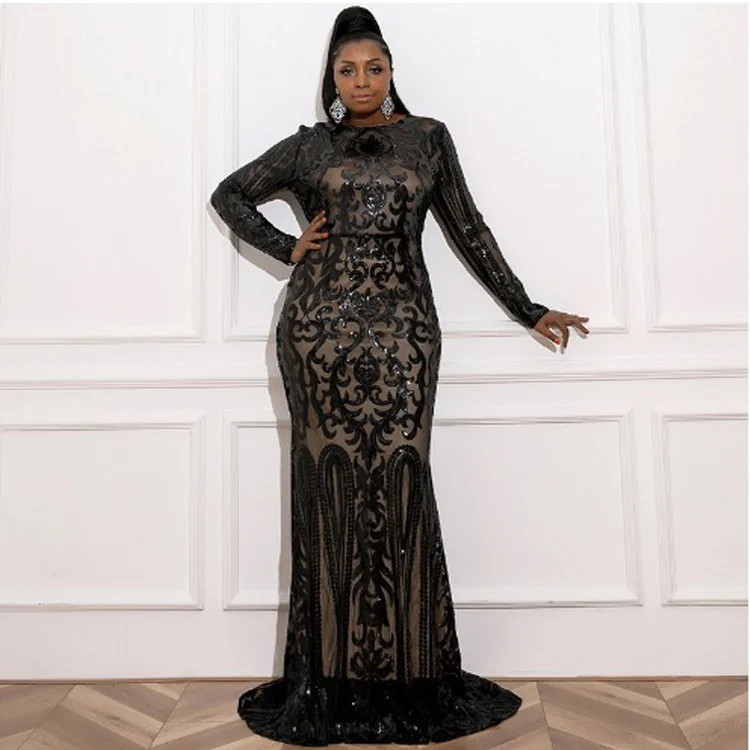 Plus Size Wome Party Dresses Fashion Dragging Elegant Lady Evening Dresses New Sexy Round Neck Long Sequin Dress For Female