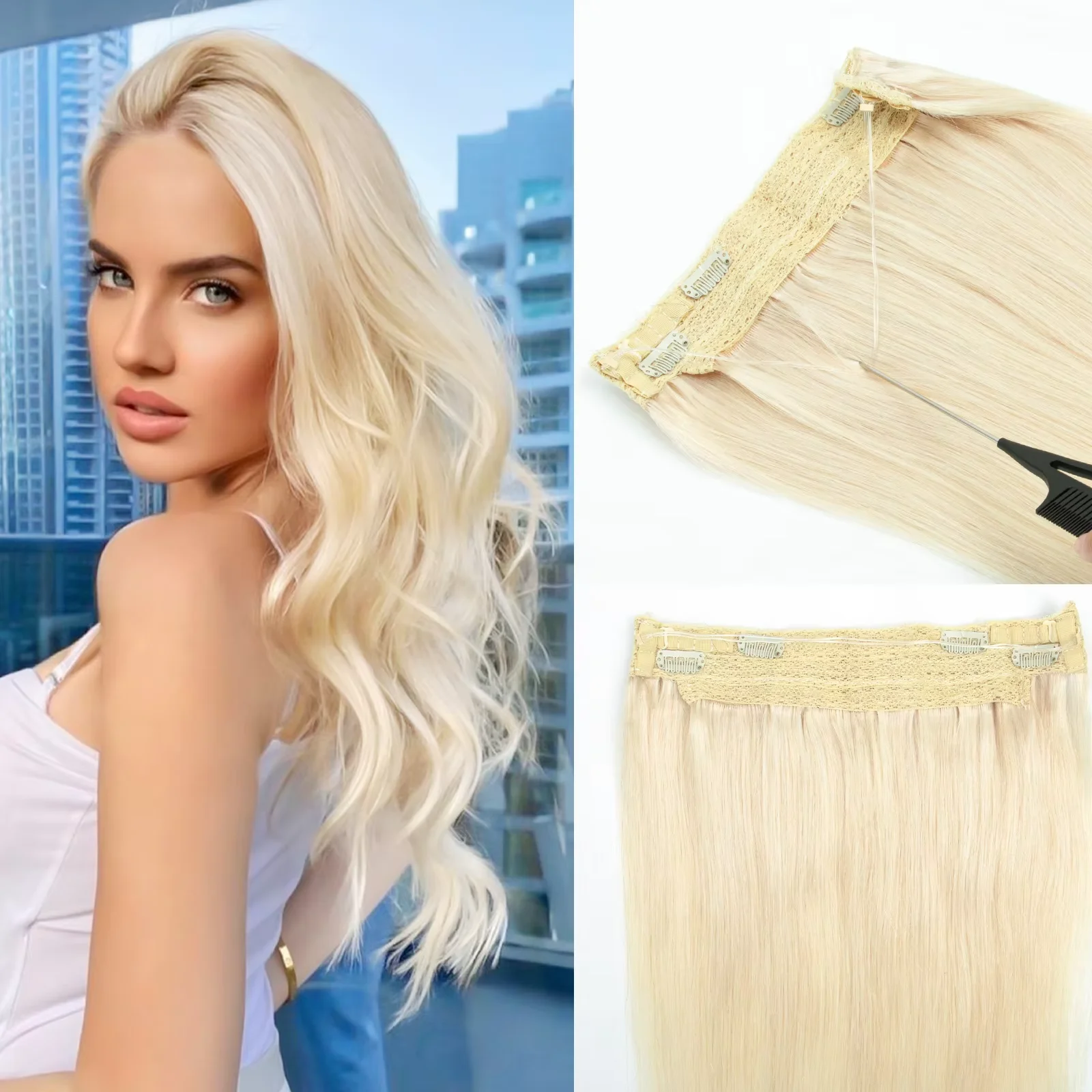 MRSHAIR Clip nelle estensioni dei capelli umani Linea invisibile del filo di pesce 4 clip Estensioni dei capelli naturali reali 12-24 pollici per donna