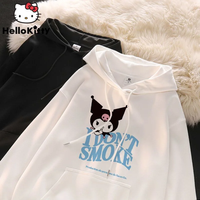 

Sanrio Kuromi Cartoon Hooded Sweater Female Autumn Winter Plush Long Sleeved Hoodie Y2k Girls Casual Black White Tops Clothes
