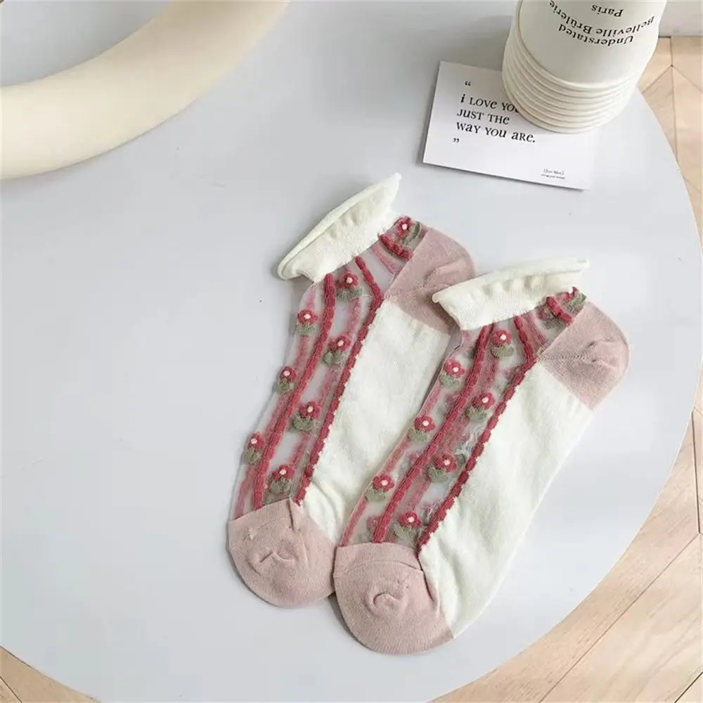 1 Pair Transparent Thin Ice Silk Socks Lightweight Breathable Non-slip Ankle Socks Flower Print Ultra-thin Mesh Socks