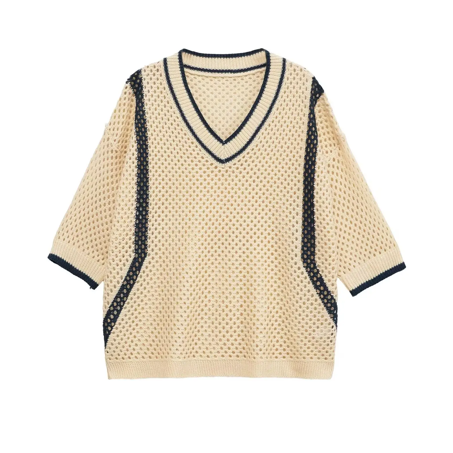 KONDALA Chic Knitted Line Women Sweater Vintage V-Neck Fashion 2025 Top Loose Casual Hollow Out Elegant Female Elegant Knitwear