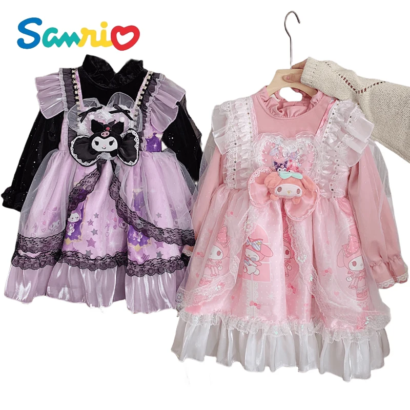 Cartoon Cute Sanrio Kuromi Sweet Girl Plush Lolita Puffy Dress New Year Red Dress Small Fragrant Puff Sleeve Mesh Princess Skirt