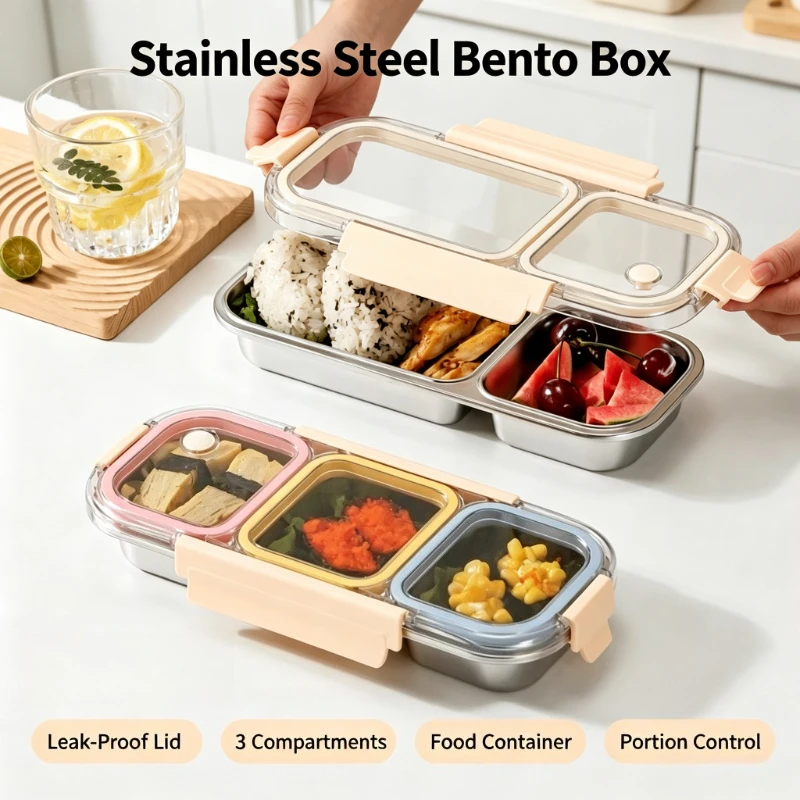1PC Stainless Steel Divided Food Container Portion Control Box Freezer Storage Box Portable Bento Box for Outdoor Light Meals