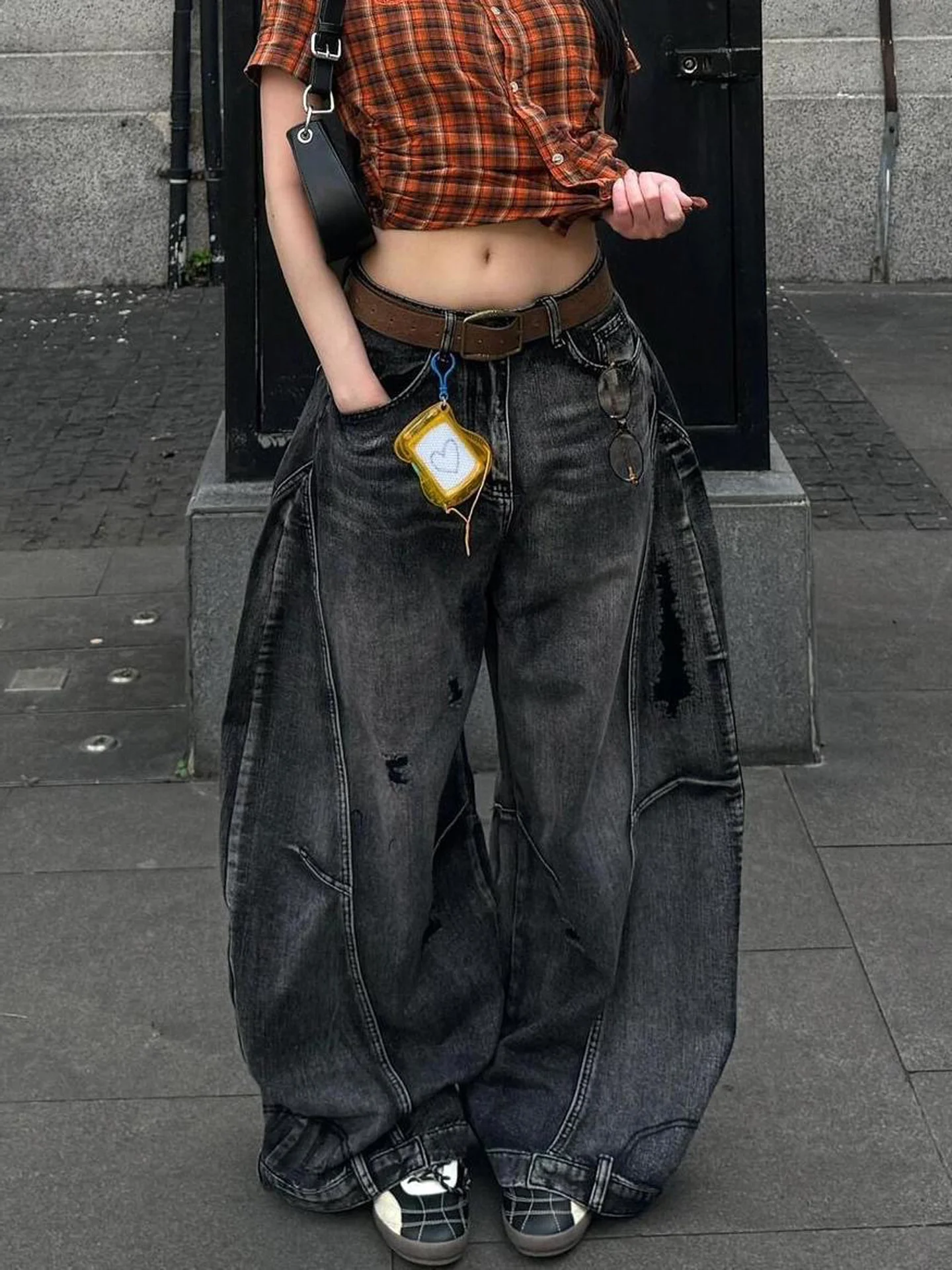 American Style Vintage Washed Ripped Knife Denim Jeans Women's Street Loose Slimming Wide Leg Draping Long Trousers