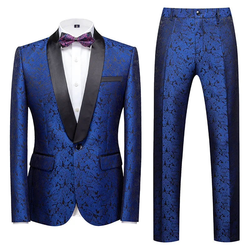 

Lansboter Blue Men Suit 3 Pieces Jacquard One Button Black Lapel Business Slim Fitting Wedding Evening Jacket Vest With Pants