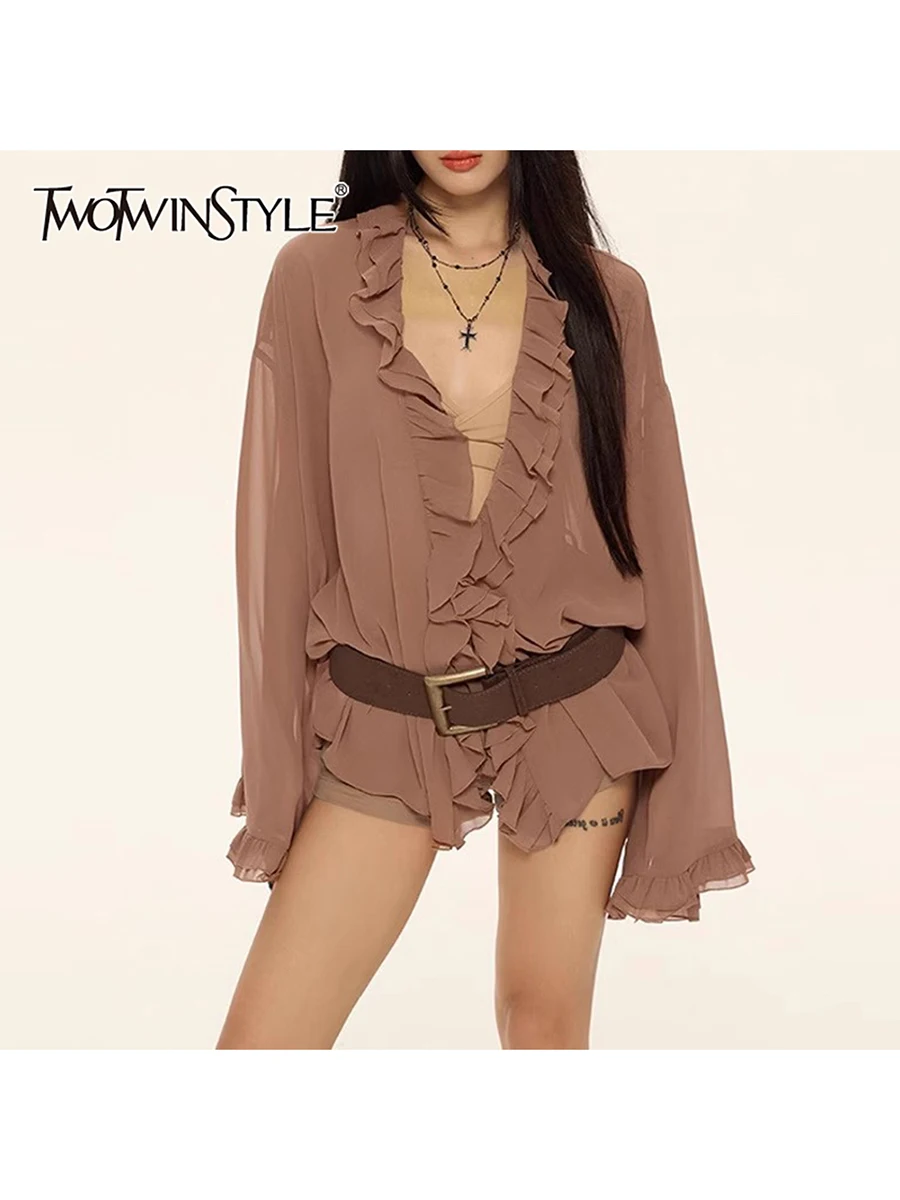 

TWOTWINSTYLE Solid Loose Sheer Spliced Fungus Folds Blouses for Women V Neck Long Sleeves Patchwork Belt Elegant Blouse Female