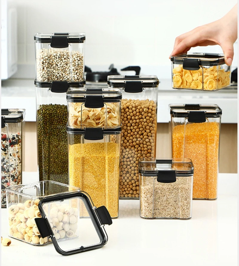 Plastic Storage Box Transparent Food Storage Containers Cereal Dispenser Spice Jars Refrigerator Kitchen Organizers for Pantry