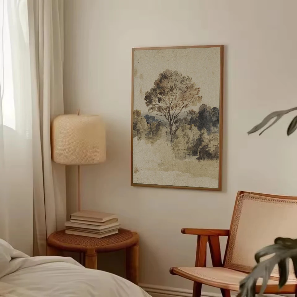 1pc frameless Vintage Minimalist Tuscan Farmhouse Tree Landscape Botanical Sketch Poster Canvas Painting Wall Art Pictures Home