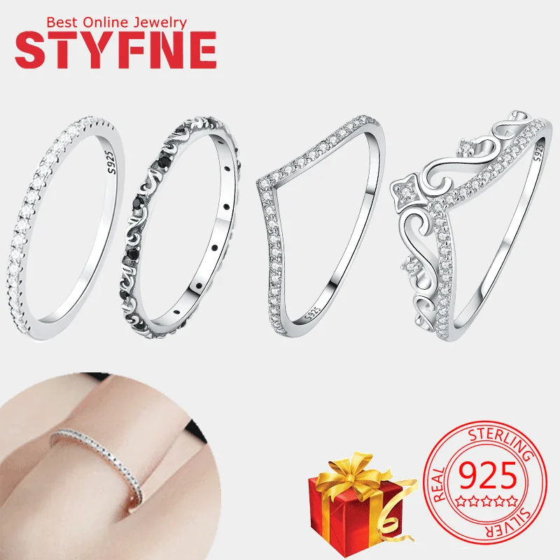 

Original 925 Sterling Silver Women's Ring Crown Carving Pattern With Black Zircon Luxury Jewelry With Gift Bag