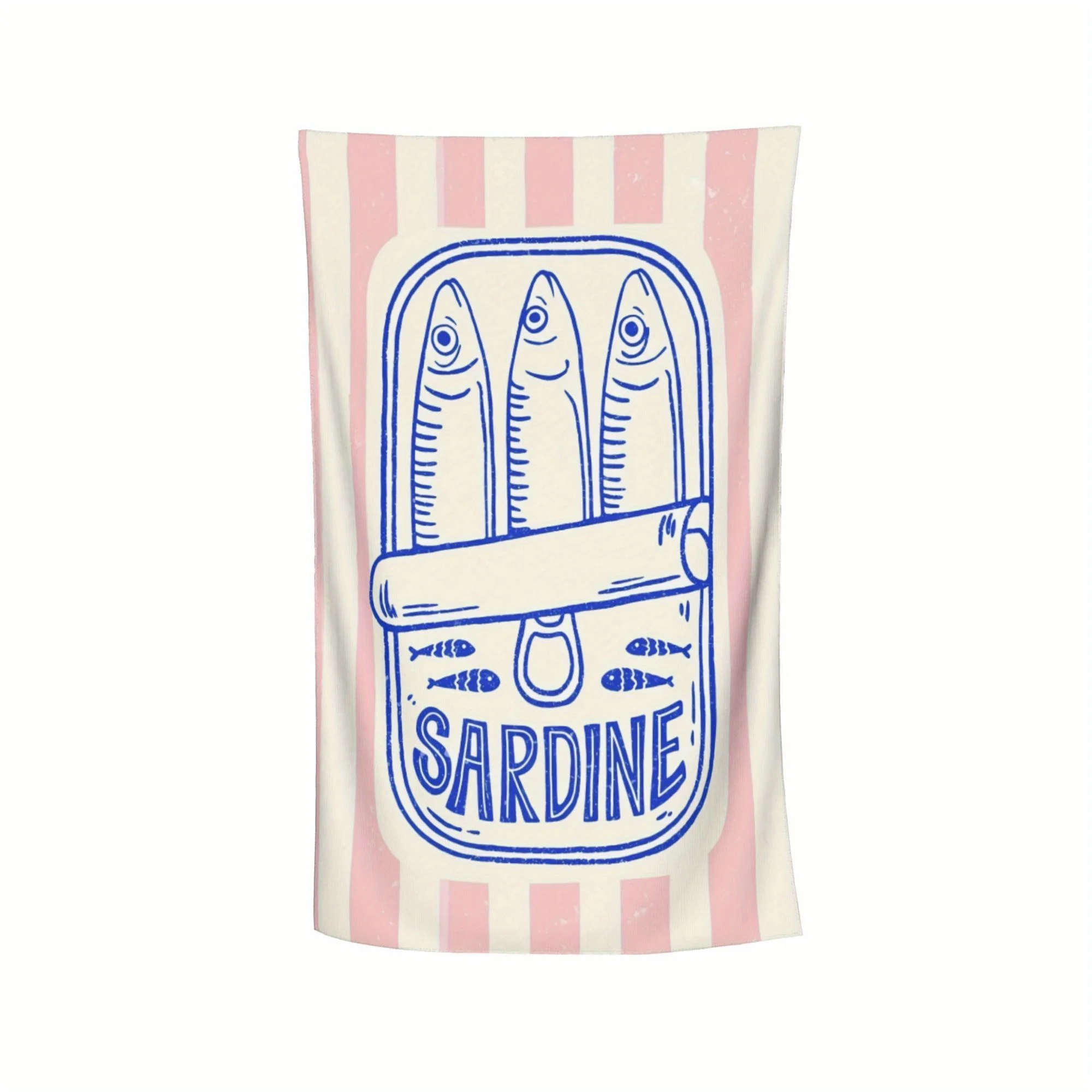 Sardine-Themed Microfiber Beach Towel - Lightweight Quick-Dry with Pink Stripes & Sardine Illustrations,Compact Bath & Beach
