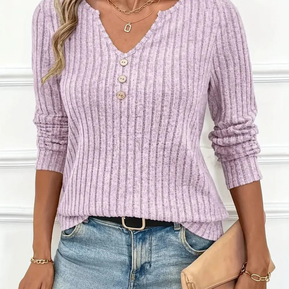 Women Autumn Ribbed Knit Long Sleeve Top V Neck Button Decor Slim Fit Casual Pullover Shirt Streetwear Fashion Blouse