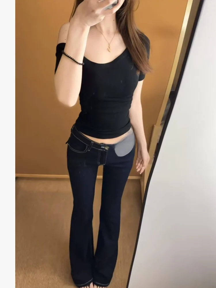 Low Waist Flared Jeans Women's Fashion Comfortable Slimming Hip Enhancing Denim Pants Dongda Gate New Arrival Zipper Closure