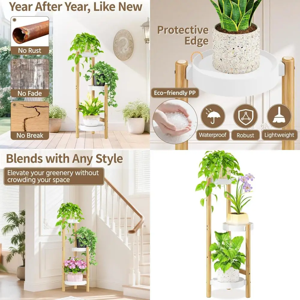 

Прочная бамбуковая 3-ярусная подставка для растений для использования в помещении, высокая и тонкая конструкция, идеально подходит для нескольких растений, пластиковый поддон в комплекте