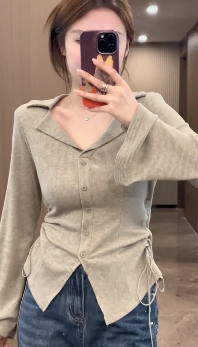 

Футболки с длинными рукавами, хлопковые женские осенние футболки с застежкой на талии, обычная очистка, вневременные детали, нежные, оригинальные, универсальные, современные